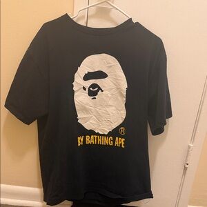 Bape Black Tee with White Ape Head and Yellow Text